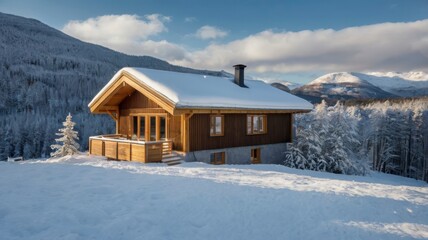 Scandinavian chalet with snowy roof and sleek winter landscape