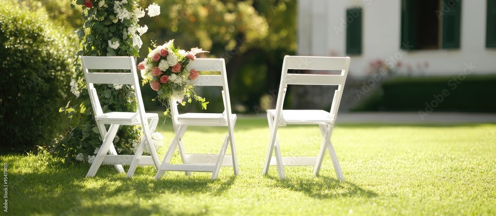 Wall mural White wedding chairs adorned with fresh flowers beside an archway outdoors with copy space Unoccupied wooden chairs positioned for guests on green grass in the garden set up for the wedding ceremony