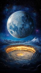 A stunning cosmic scene featuring a luminous moon hovering above a glowing crater, set against a starry night sky.