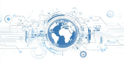 Obraz premium A line drawing depicts the interconnectedness of world future technology: a globe, cogs, circuitry, and a microchip, symbolizing the convergence of global communication, advanced engineering