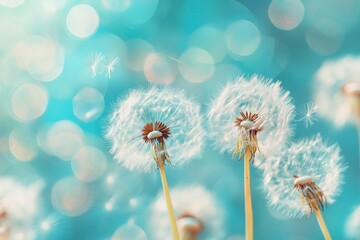 Beauty in nature dandelion seeds closeup blowing in blue green turquoise background. Closeup of dandelion on meadow background, artistic nature macro. with generative ai