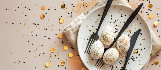 Obraz premium Easter dinner setup featuring a white plate with cutlery Decorated with gold black and white eggs alongside confetti on a beige background Top view Flat lay Copy space