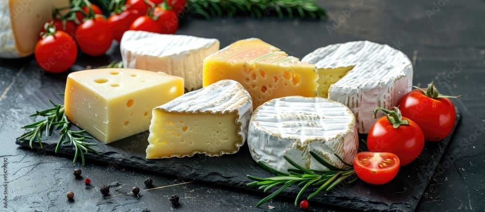 Poster an assortment of cheeses with rosemary and tomatoes arranged on a black slate board against a black 