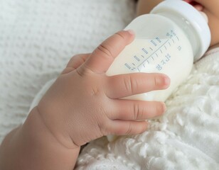 A close-up of a baby's hand gently holding a milk bottle, capturing the tender and nurturing moments of early childhoo