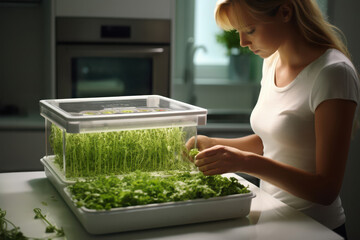 Sowing microgreens in a plastic box while preparing fresh produce in a bright kitchen