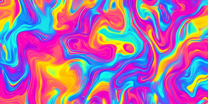 Seamless psychedelic rainbow plama waves pattern background texture. Trippy hippy abstract wavy marble swirls dopamine dressing style fashion motif. Bright colorful neon wallpaper or retro backdrop.
