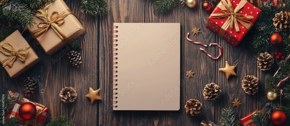 Poster Christmas backdrop featuring decorations a gift box and a blank notebook Area for text Top view. with copy space image. Place for adding text or design