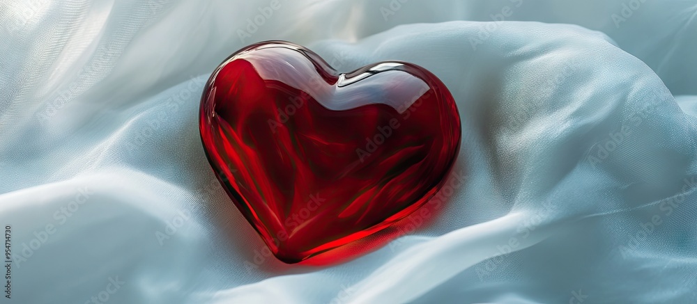Poster red box jewelry heart positioned on white fabric. with copy space image. place for adding text or de