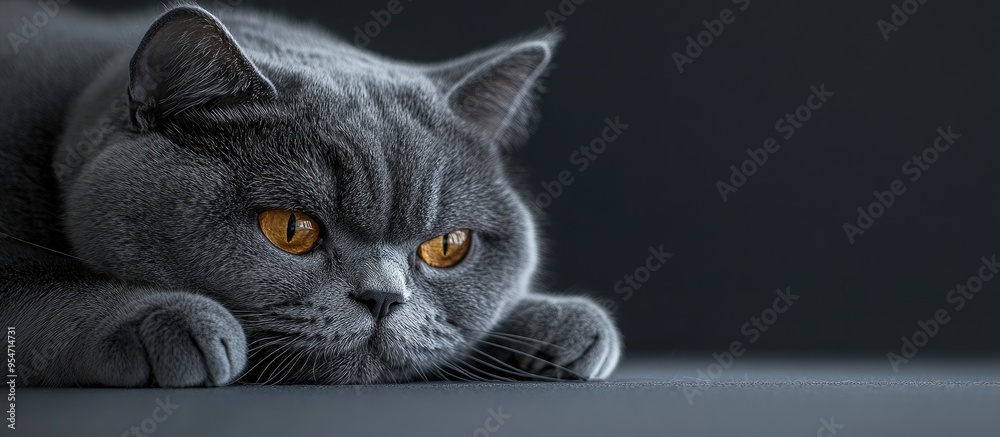 Aufkleber Close up portrait of a British Shorthair cat resting against a gray background. with copy space image. Place for adding text or design