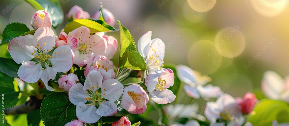 Poster beautiful flowering apple trees create a background filled with blooming flowers on a spring day che