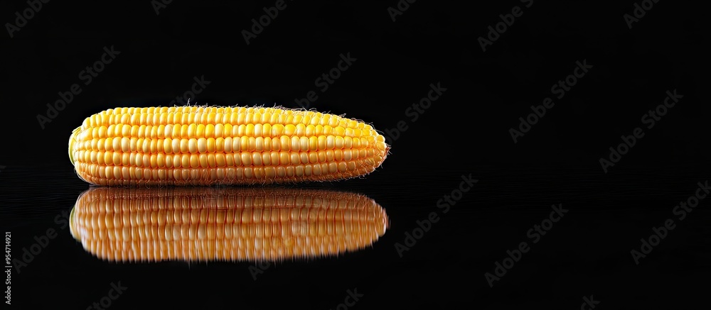 Poster isolated single corn cob on a black background. with copy space image. place for adding text or desi