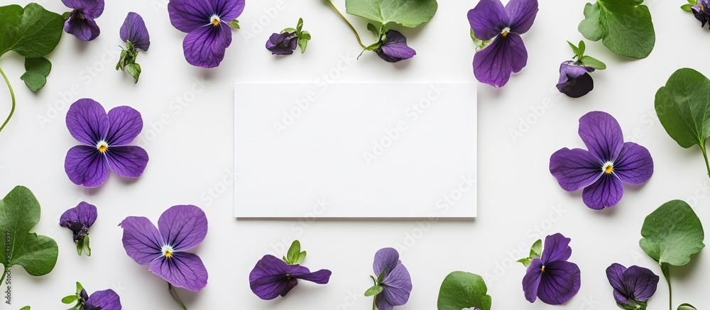 Poster creative arrangement featuring violet flowers leaves and a blank greeting card set against a white b