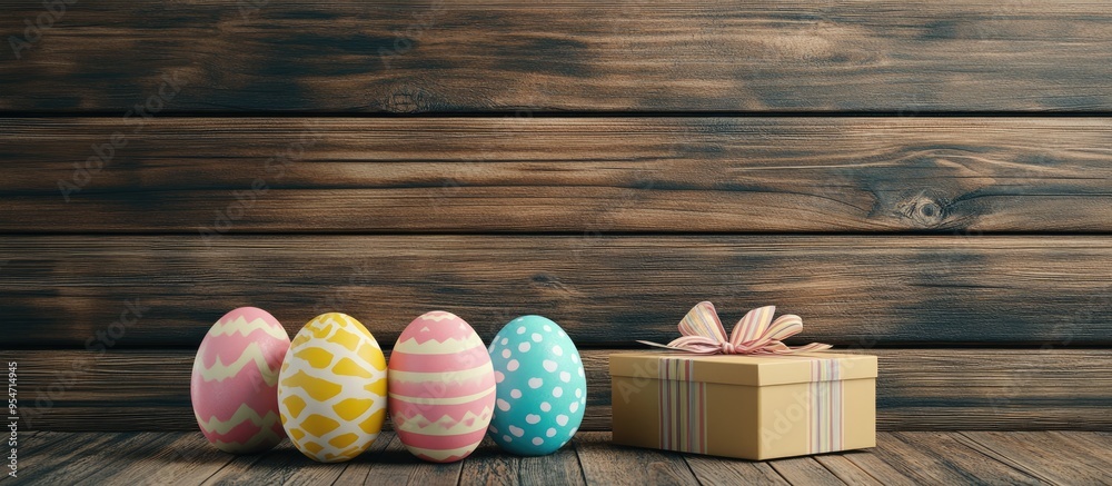 Poster Easter greeting card featuring colorful Easter eggs and a gift box in front of a wooden wall providing space for your greetings. with copy space image. Place for adding text or design