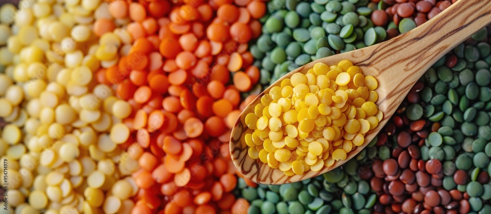 Poster Yellow red and green lentils in a wooden spoon isolated on a white background providing copy space for your text Top view