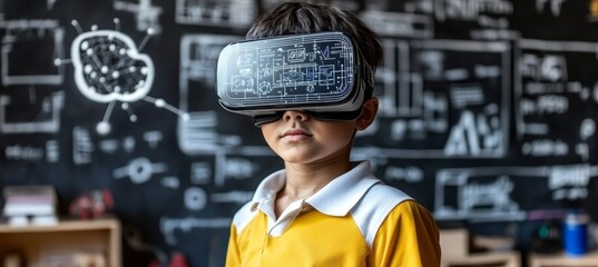 Curious Young Boy Immersed in Virtual Reality Experience with VR Headset in Classroom Setting