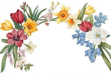 a charming, hand-drawn winter flower garland, featuring a mix of colorful blooms, including tulips, daffodils, and hyacinths, arranged in a circular pattern, with whimsical details, soft