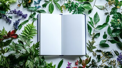A Beautifully Arranged Open Notebook Surrounded by Fresh Greenery and Colorful Flowers