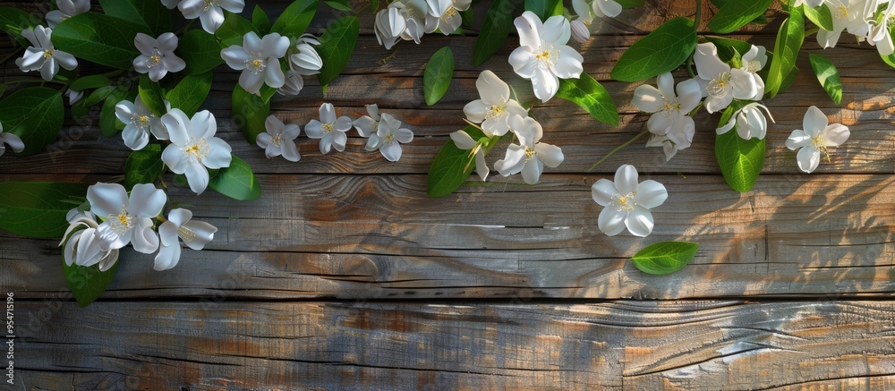 Aufkleber spring flowering branch on a wooden surface jasmine. with copy space image. place for adding text or