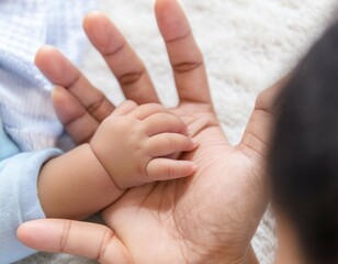 Tender infant grasps caregiver's finger, tiny hands entwined in trust