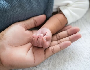 Tender infant grasps caregiver's finger, tiny hands entwined in trust