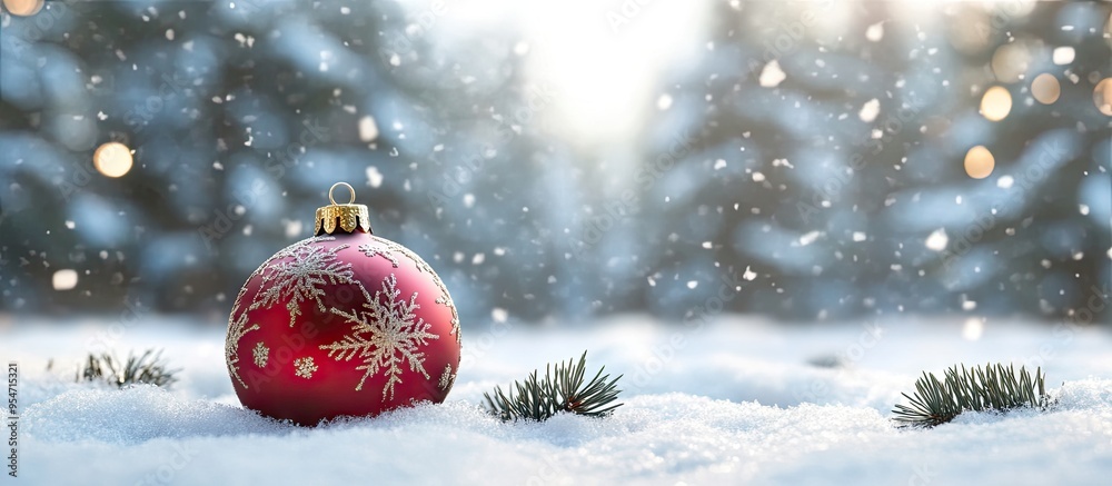 Leinwandbilder Christmas backdrop featuring a red and gold ornament fir tree in snow. with copy space image. Place for adding text or design