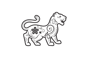 Black and white illustration of a stylized tiger adorned with intricate floral and swirl patterns.