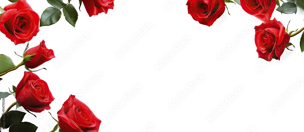Poster stunning red roses against a white background. with copy space image. Place for adding text or design