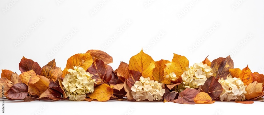 Poster arrangement of yellow and brown beech autumn leaves and hydrangea flowers mockup on a white backgrou