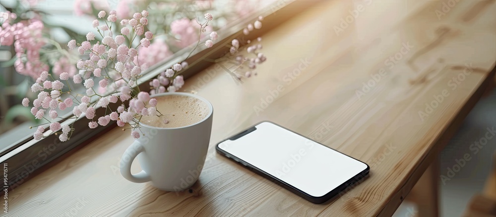 Poster blank business card smartphone or tablet flower and coffee cup on an office desk tabletop view corpo