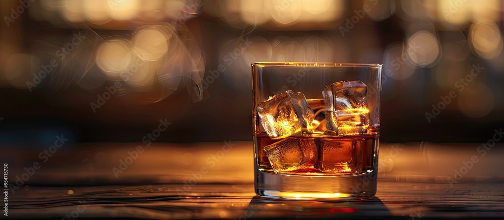 Poster glass of whiskey with ice on a wooden surface. with copy space image. Place for adding text or design