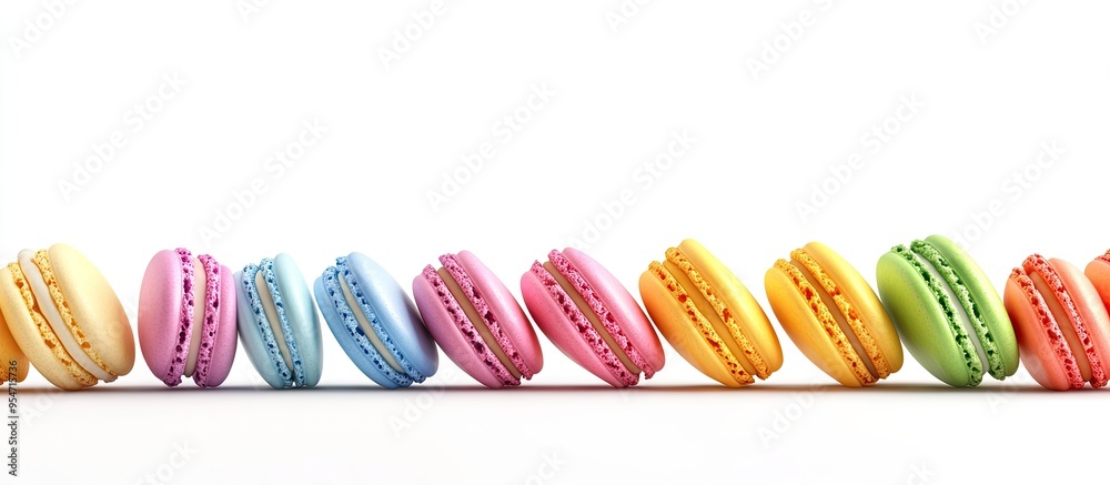 Poster colorful french macaroons set against a white background. with copy space image. place for adding te