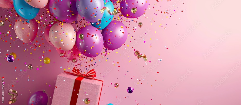 Poster birthday party flat lay featuring vibrant balloons and confetti spilling out of a gift box. with cop