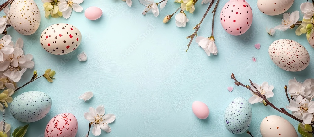 Aufkleber easter backdrop featuring easter eggs and spring flowers top view with copy space