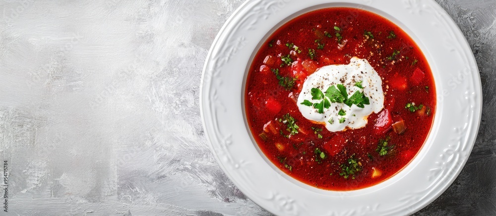 Poster close up of a white plate featuring Ukrainian borscht topped with sour cream and herbs soup. with copy space image. Place for adding text or design