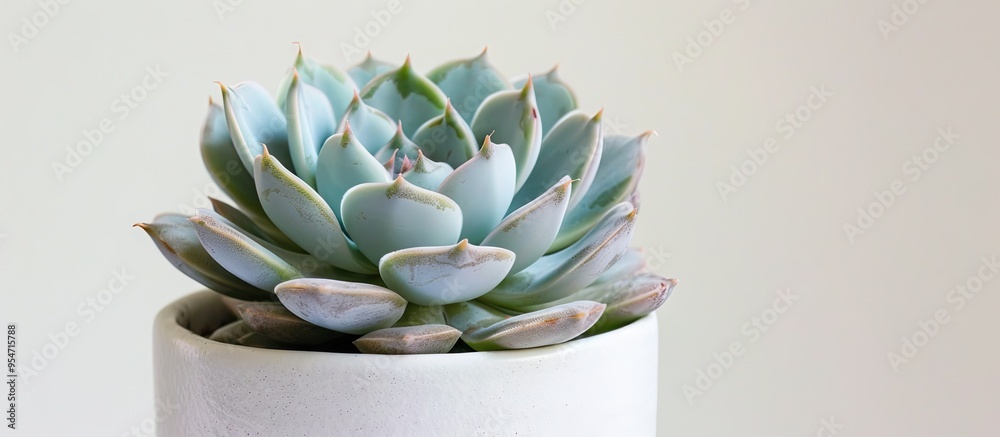 Fototapete close up of the succulent plant echeveria subsesilis variegata in a violet pot against a white backg