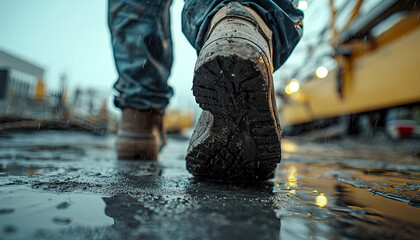 person's Muddy work boots walking on wet ground