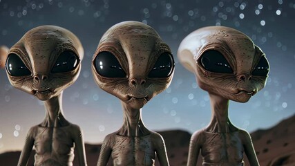 Three aliens under starry night sky, mysterious encounter concept