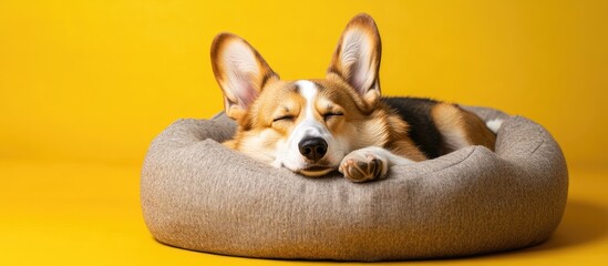 An adorable Welsh Corgi Pembroke is sleeping and relaxing in a dog bed on a yellow studio background This breed is one of the most popular dogs Advertising concept. with copy space image