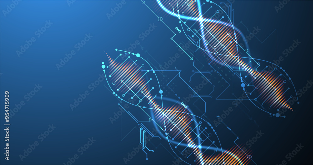 Poster Scientific and technological background. Image of dna molecule with technological elements. Hand drawn vector.