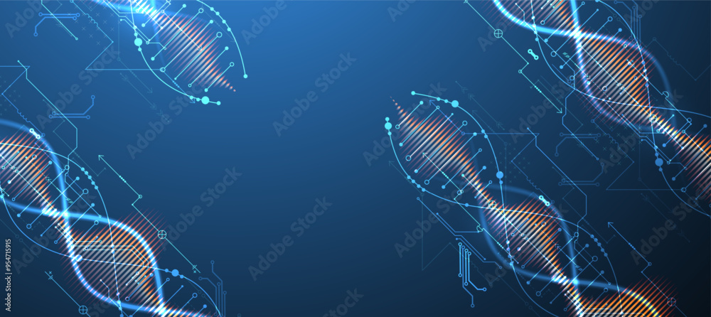 Poster Scientific and technological background. Image of dna molecule with technological elements. Hand drawn vector.