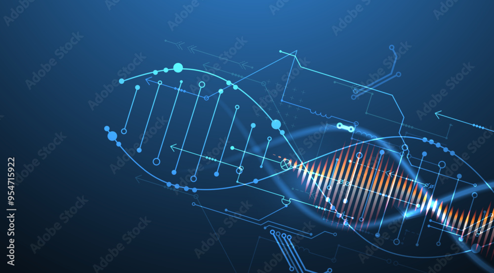 Poster Scientific and technological background. Image of dna molecule with technological elements. Hand drawn vector.