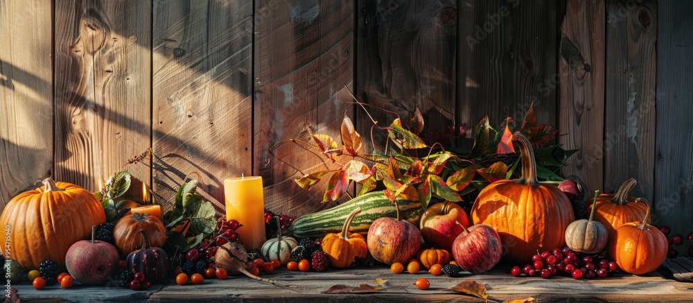 Fototapete Autumn Still Life on a Vibrant Rustic Background. with copy space image. Place for adding text or design