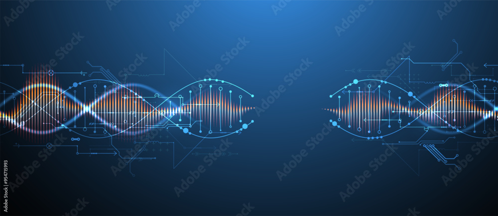 Poster Scientific and technological background. Image of dna molecule with technological elements. Hand drawn vector.