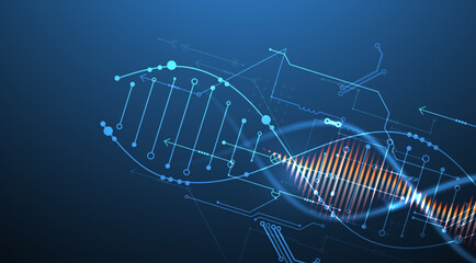 Scientific and technological background. Image of dna molecule with technological elements. Hand drawn vector.