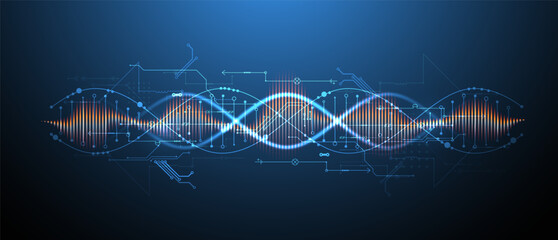 Scientific and technological background. Image of dna molecule with technological elements. Hand drawn vector.