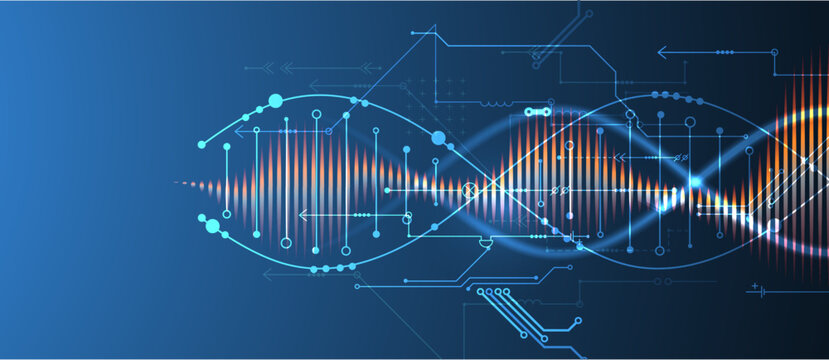 Scientific and technological background. Image of dna molecule with technological elements. Hand drawn vector.
