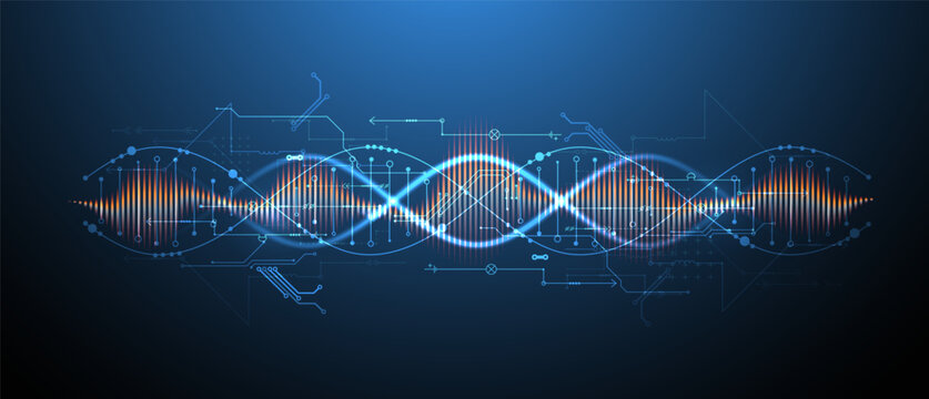 Scientific and technological background. Image of dna molecule with technological elements. Hand drawn vector.