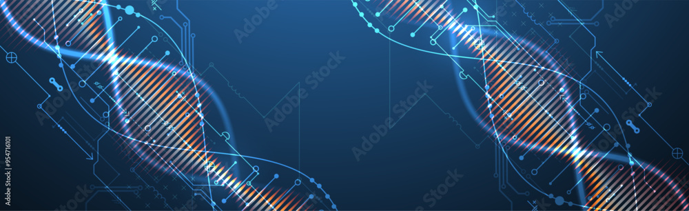 Aufkleber Scientific and technological background. Image of dna molecule with technological elements. Hand drawn vector.