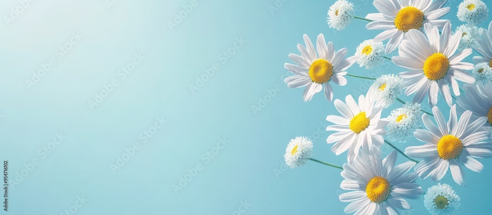 Poster The sun consists of daisies with camomiles set against a blue background. with copy space image. Place for adding text or design