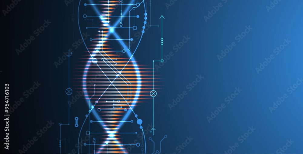 Poster scientific and technological background. image of dna molecule with technological elements. hand dra